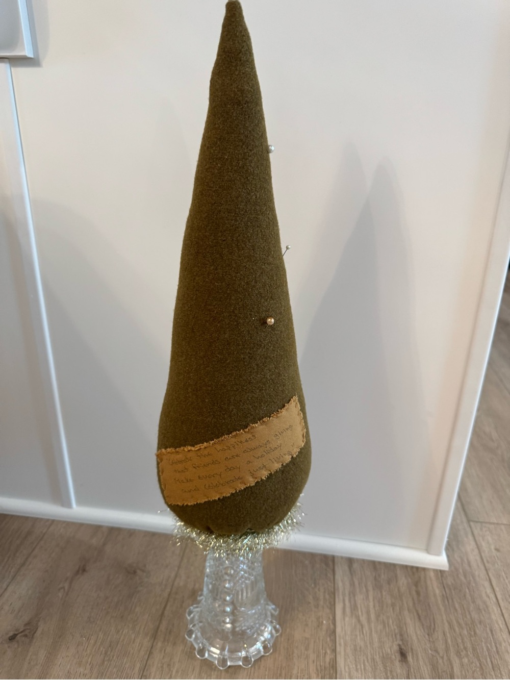 Vtg Handmade Wool Felt Cone Christmas Tree Glass Pedestal Base Amanda Bradley